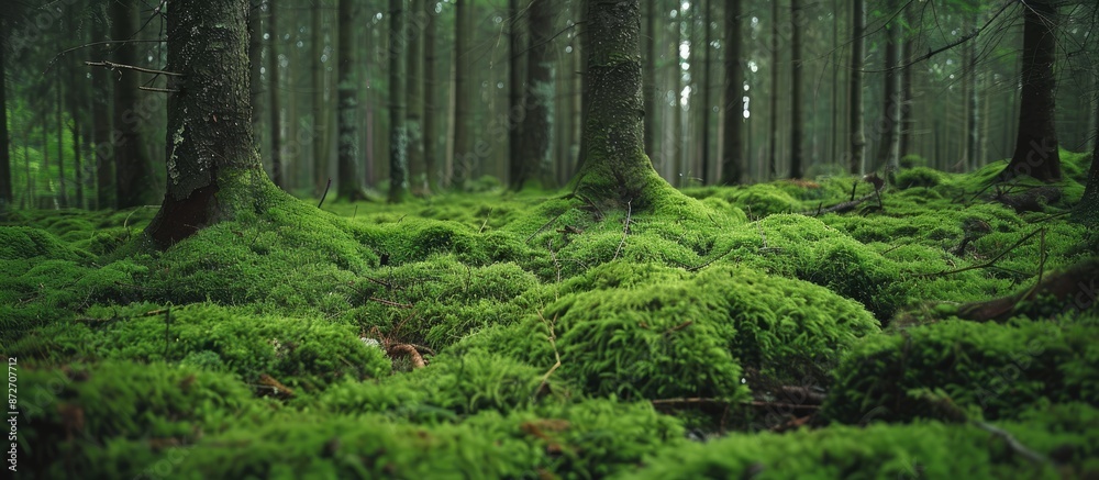Poster european forest displaying moss-covered ground with branches, perfect for a copy space image.