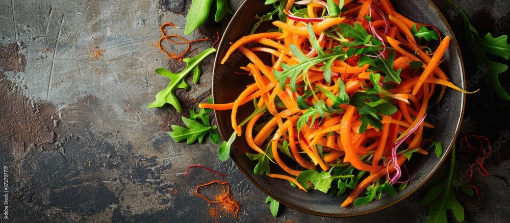 Aufkleber Veggie option for a healthy meal: a fresh carrot salad on a table with a copy space image background.