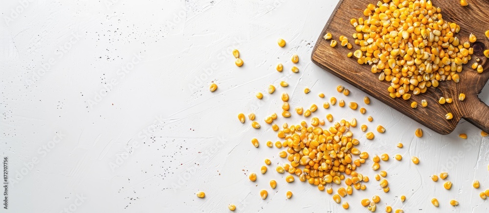 Poster organic corn on a wooden board isolated on white background with copy space image.