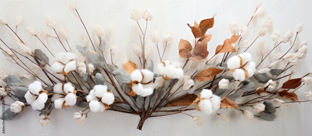 Poster a fall-themed arrangement featuring eucalyptus, cotton flowers, and dried leaves on a soft gray back