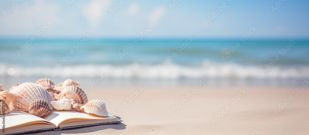 Poster A beach background featuring a blank spiral notebook, seashells, and copy space for an image.