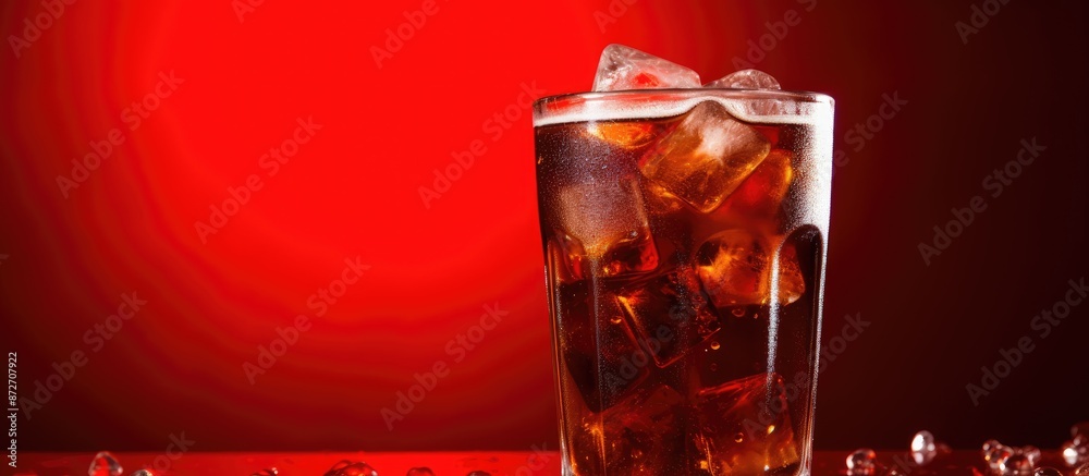 Poster brown carbonated drink, fresh cola with ice on a red background for a copy space image.