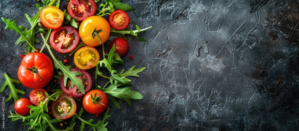 Aufkleber An aerial view of a mix of various tomatoes with arugula leaves, creating a fresh and healthy summer dish, presented with copy space image.