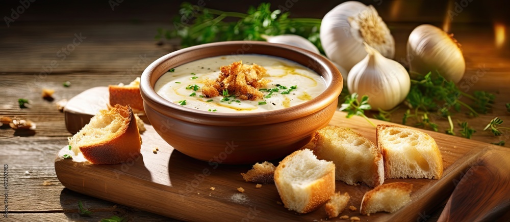 Poster on a wooden surface, there is a serving of fresh onion cream soup accompanied by croutons, with a ba