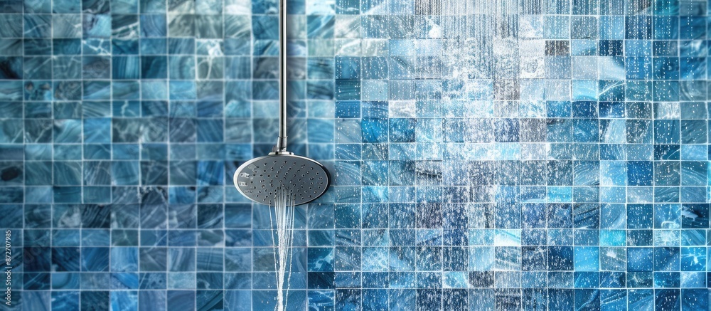 Poster Shower head with flowing water stream in blue mosaic tile wall background. with copy space image. Place for adding text or design