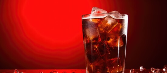 Brown carbonated drink, fresh cola with ice on a red background for a copy space image.