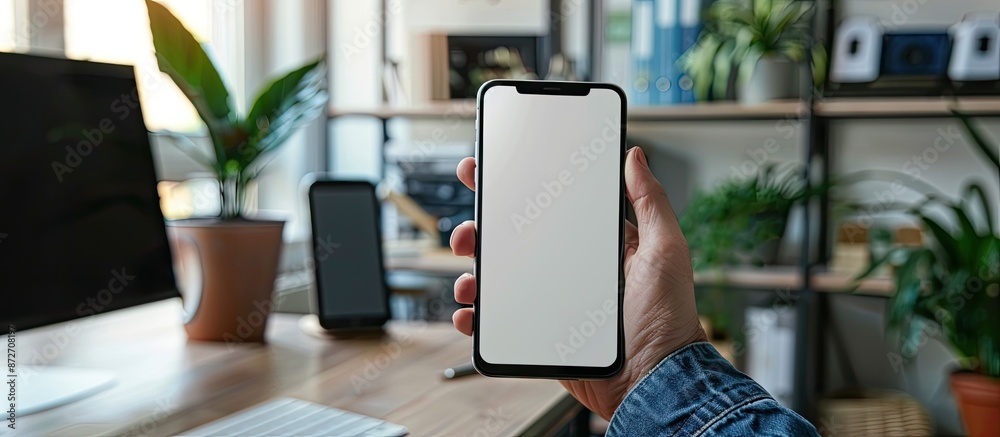 Poster a man's hand holding a mobile phone with a white screen displaying a mockup image on a desk in a hom