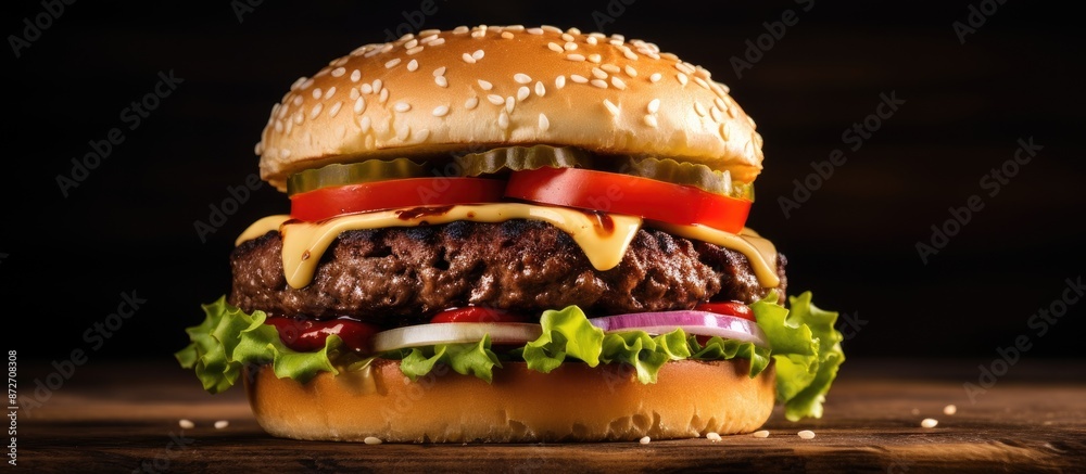 Aufkleber Close-up photo of a classic homemade cheeseburger with beef and veggies on a wooden surface, ideal for adding text or other elements - copy space image.