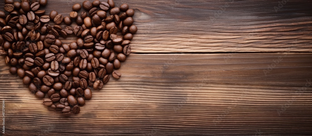 Poster heart-shaped coffee beans on rustic wooden backdrop with copy space image.