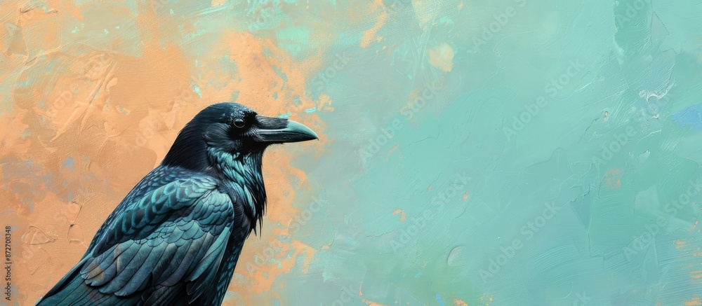 Poster Corvus corone Carrion crow in close view pastel background. with copy space image. Place for adding text or design