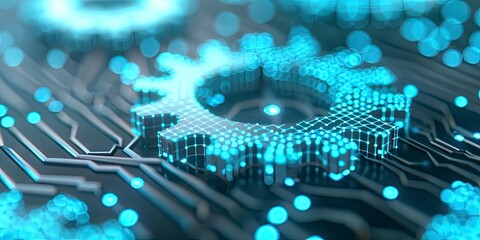 Two gears with digital blue holographic effect on digital circuit background