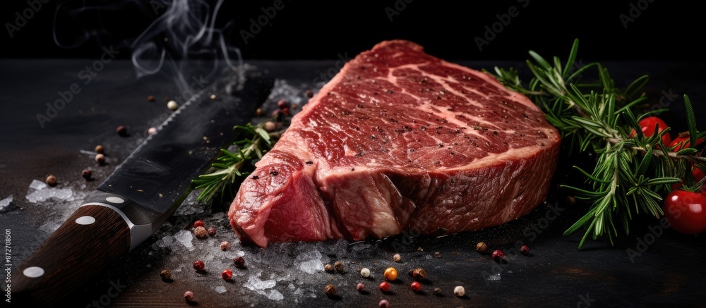 Poster close-up of raw meat with chef's hatchet on dark background, perfect for a copy space image.