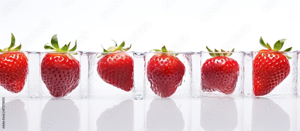 Leinwandbilder strawberry in ice cubes reflected on a white background with copy space image.