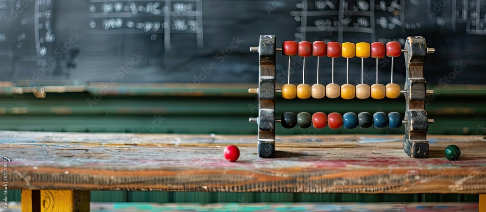 Aufkleber Vintage abacus displayed in a classroom setting with a black chalkboard in the background creating a nostalgic atmosphere suitable for text overlay as a copy space image.