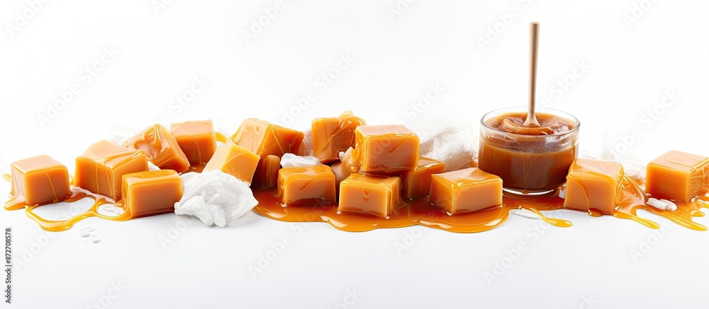 Poster White background with salted caramel candies and sauce, providing room for text in the image. with copy space image. Place for adding text or design