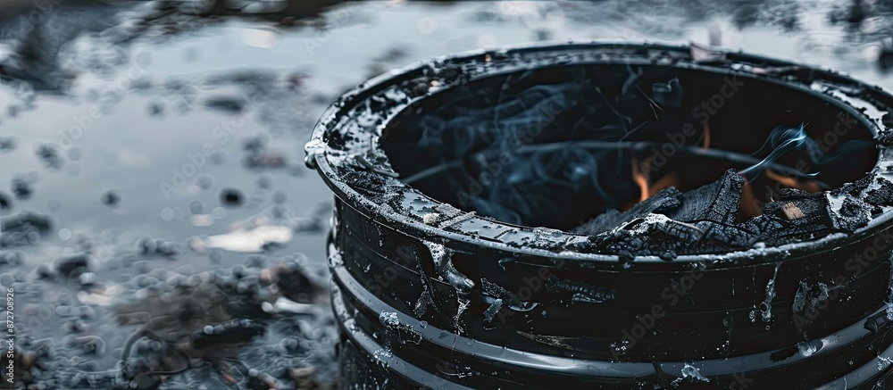 Leinwandbilder Selective focus on a charred hole in a plastic trash can or bin with a background for adding text or elements, ensuring a copy space image.