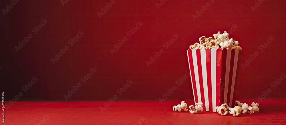 Poster Cinema-themed image with box of popcorn on a red backdrop, perfect for use as a copy space image.