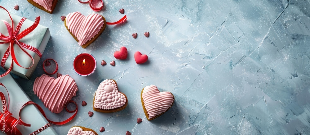 Poster flatlay of heart-shaped cakes and gifts for valentine's day on a bright table with copy space image.