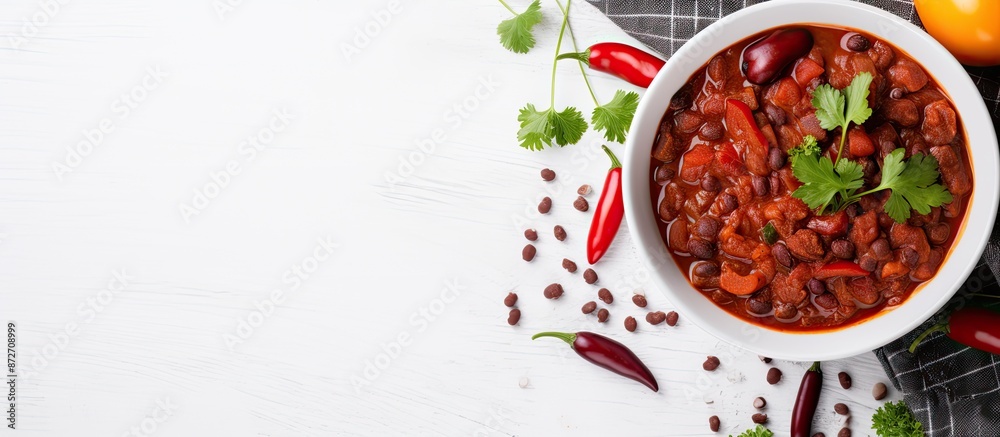 Poster top view of chili beans on a white table with copy space image, featuring a homemade stewed vegan re