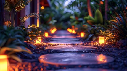 Stone Path Lit By Lanterns At Night