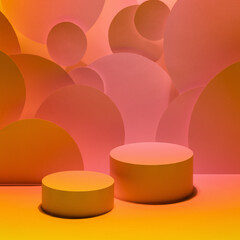 Abstract stage for presentation cosmetic products - set of two round podiums mockup in yellow, pink neon gradient hipster light, bubbles fly. Template for showing cosmetics in summer vacation style.