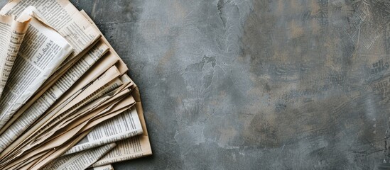 Newspapers with text on a grey background in focus with plenty of space to add more content or imagery, known as a copy space image.