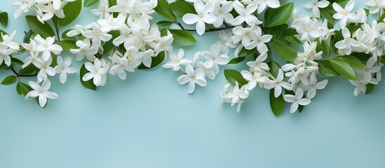 Fototapeta premium Top view of delicate white Jasmine flowers arranged in a pattern with space for text in a flat lay composition, creating a serene copy space image.