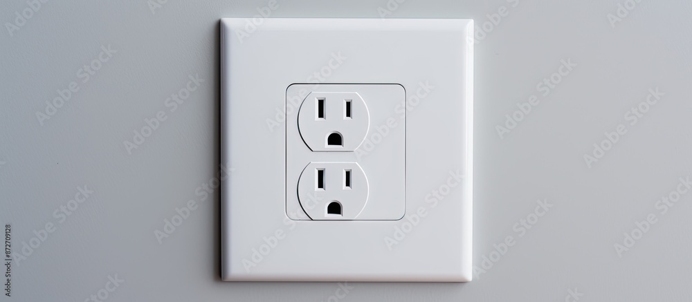 Poster an isolated electrical socket on a gray wall with a white wire plug plugged in, providing power in t