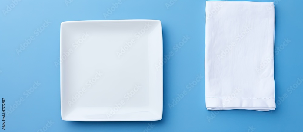 Leinwandbilder a picture showing a clean white plate and a soft cloth napkin set against a blue background provides