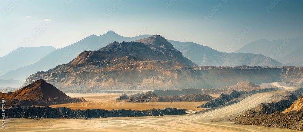 Poster beautiful view of sand mine and mountain background. Copy space image. Place for adding text or design