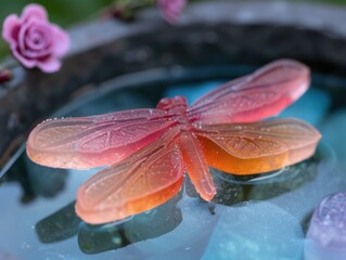Vibrant glass butterfly on a reflective surface