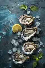 Vertical banner. National Oyster Day. Fresh oysters with lemon on ice on a grey background, slate texture. Free space for text. For menus, posters, banners, flyers, restaurant design