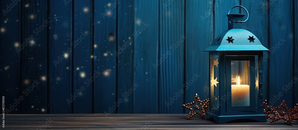Poster a festive christmas lantern adorned on a blue wooden backdrop in a studio setting with copy space im