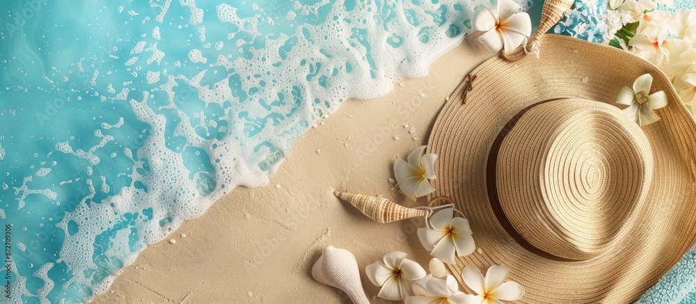 Aufkleber Sandy beach with summer essentials like a sun hat, bag, and towel. Summer-themed background with room for text or image insertion. with copy space image. Place for adding text or design