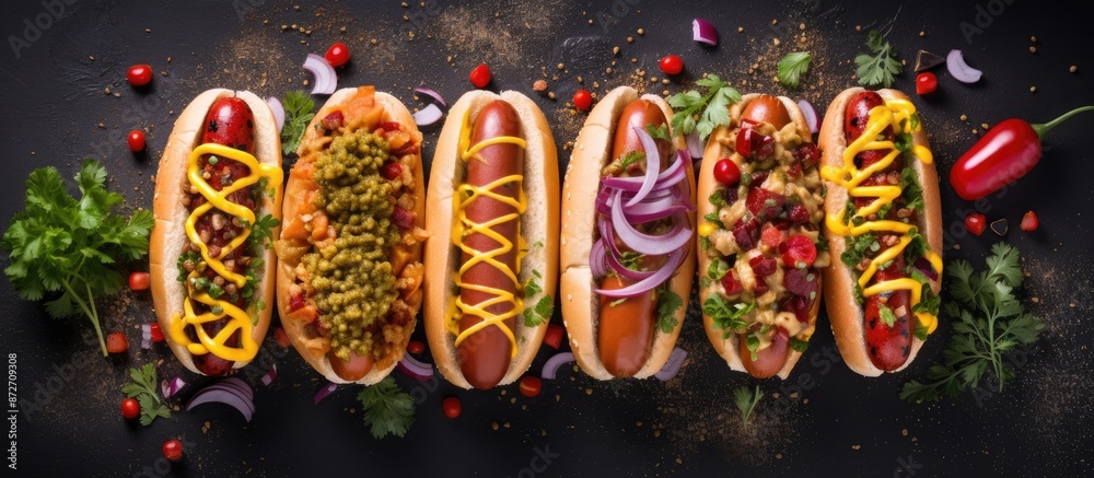 Poster Top view of a selection of hot dogs topped with fresh vegetables and condiments on a textured stone surface with empty space for text or graphics. with copy space image