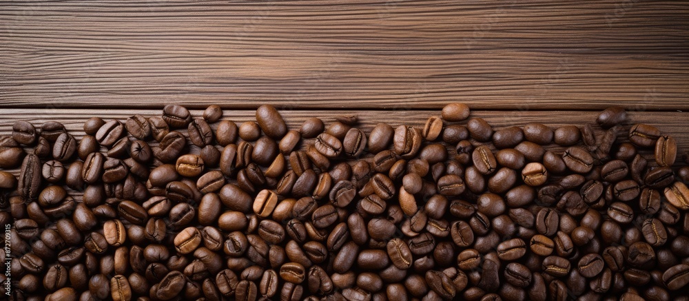 Poster Coffee beans arranged in a frame on a wooden surface, suitable for Coffee Day messaging with copy space image. Shot from above with a focus on the beans.