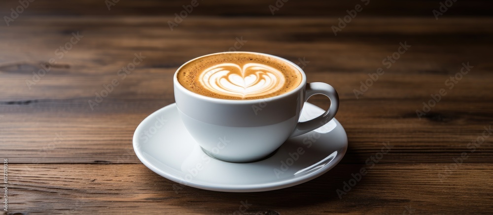 Aufkleber A white coffee cup filled with latte coffee, set on a wooden surface, providing an area for text or images. with copy space image. Place for adding text or design