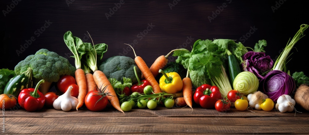 Poster Various vegetables arranged on a rustic wooden surface for a food-themed image with space for text. with copy space image. Place for adding text or design