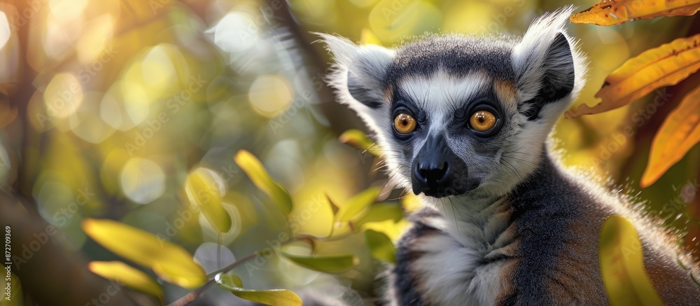 Aufkleber Blurry backdrop with a charming ring-tailed lemur in a close-up portrait, providing room for text in the image. with copy space image. Place for adding text or design
