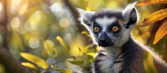 Blurry backdrop with a charming ring-tailed lemur in a close-up portrait, providing room for text in the image. with copy space image. Place for adding text or design