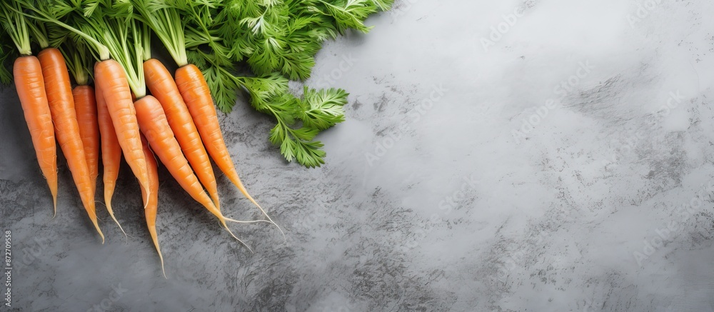Aufkleber Top view of fresh carrots on a gray stone background with copy space image available, ideal for text placement.