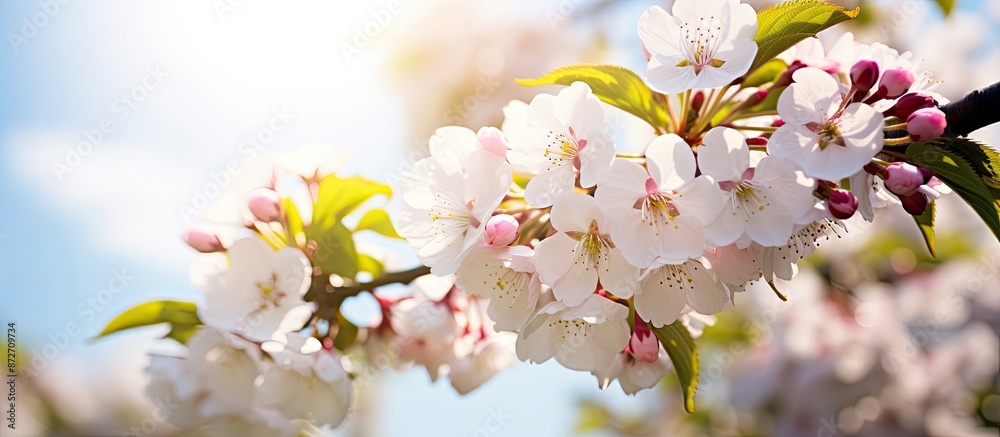 Poster in the park, a beautiful cherry tree in early spring blooms with white and pink flowers in the sunli