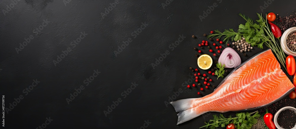 Leinwandbilder A whole raw salmon fish is displayed with cooking ingredients on a black stone table, captured from a top view with copy space for text.