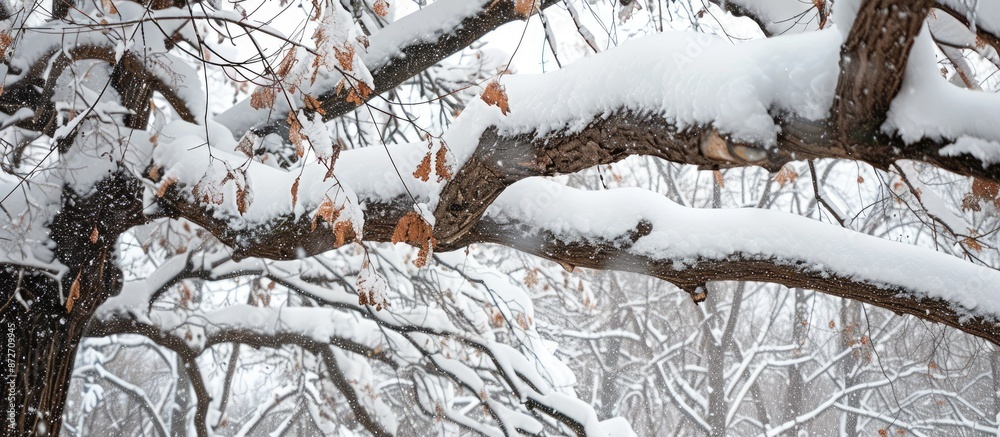 Poster a photo taken on a chilly missouri winter day captures snow-covered branches, creating a beautiful w