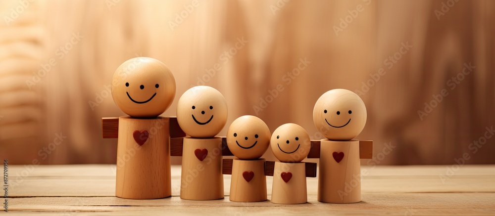 Poster Wooden dolls with happy faces creating a warm family concept in a model home setting, with a blank space for additional elements.