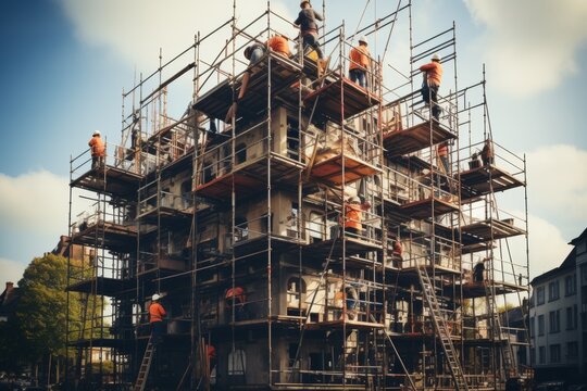 Experienced scaffolder skillfully building scaffold structure at construction site