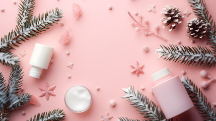 Elegant Winter Skincare Essentials on Pastel Pink Background