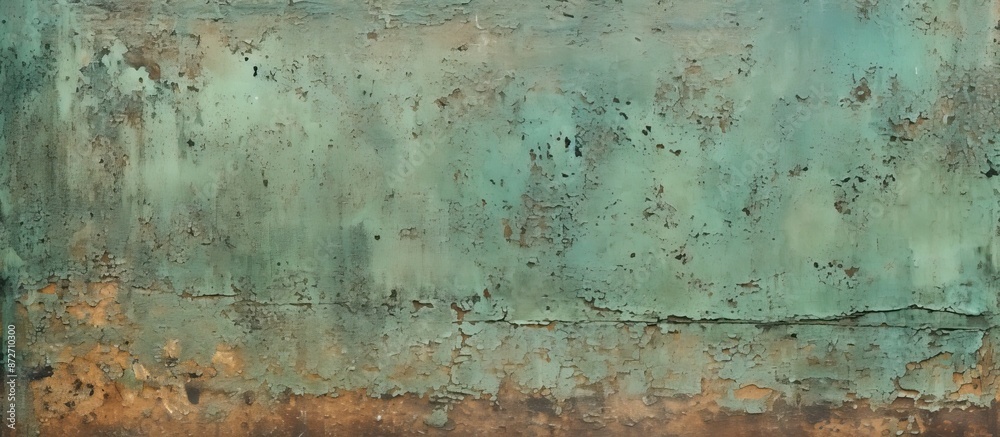Poster old rusty metal plate with peeling green paint, showcasing a weathered appearance against a backdrop