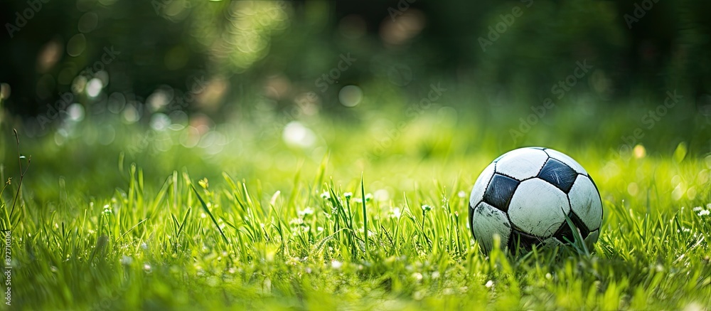 Poster a weathered soccer ball rests atop lush green grass with ample copy space image.