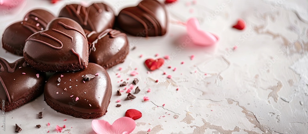 Leinwandbilder Valentine's Day chocolate heart cookies for a couple, featuring a greeting card element with space for text in the image. with copy space image. Place for adding text or design